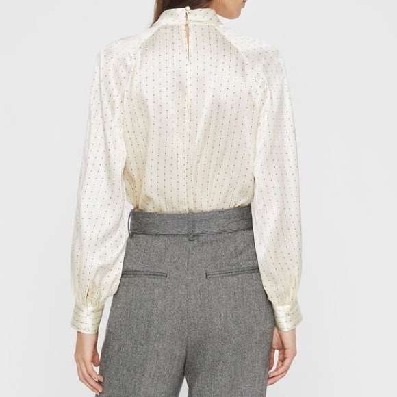 Club Monaco Cream Micro Dot Long Sleeve Mock Neck Twisted Drape Blouse Size L - Picture 2 of 7